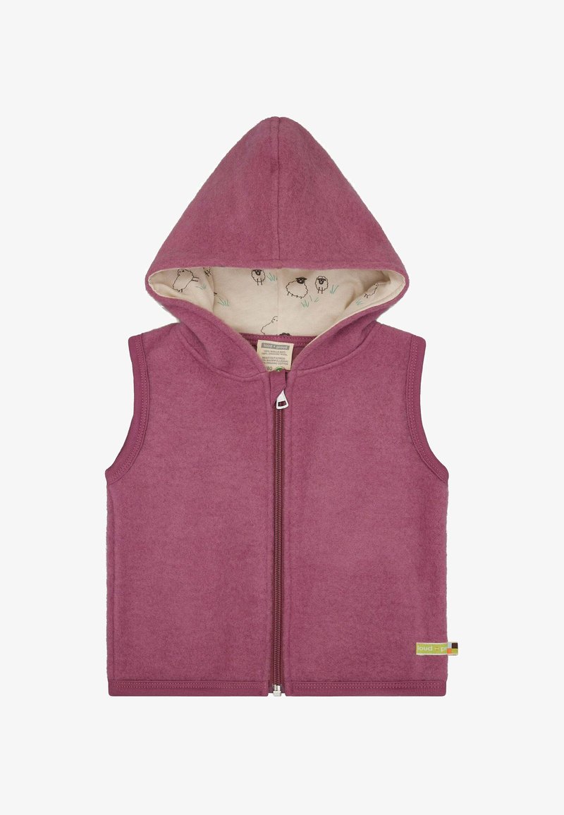 Fleece vest in mauve met een capuchon, voorrits en crèmekleurige voering met schapenpatronen. Label aan de zoom met merkembleem.