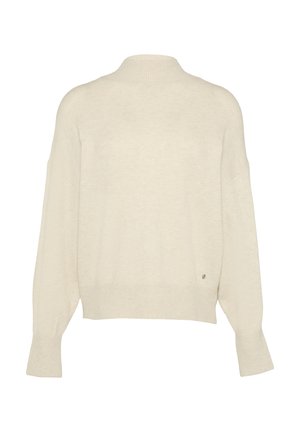 Kremasta pletena pulta s dugim rukavima, lažnim ovratnikom i rebrastim manžetama i rubom, prikazana sa stražnje strane.