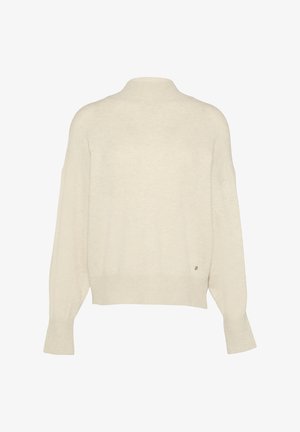 Kremasta pletena pulta s dugim rukavima, lažnim ovratnikom i rebrastim manžetama i rubom, prikazana sa stražnje strane.