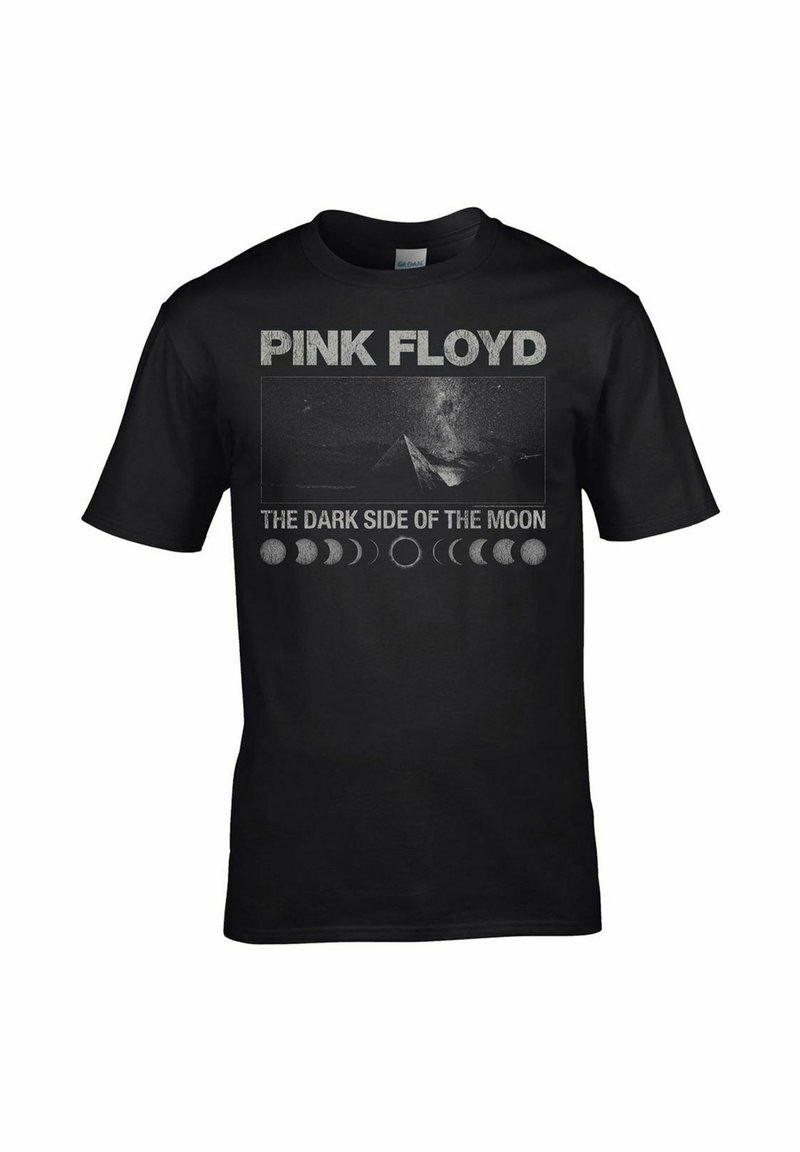 Černé bavlněné tričko s textem "Pink Floyd" a grafikou "The Dark Side of the Moon" zahrnující design s hranolem a fázemi měsíce.