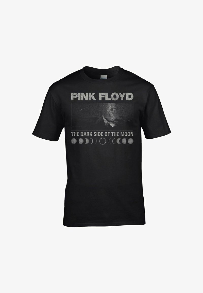 Černé bavlněné tričko s textem "Pink Floyd" a grafikou "The Dark Side of the Moon" zahrnující design s hranolem a fázemi měsíce.