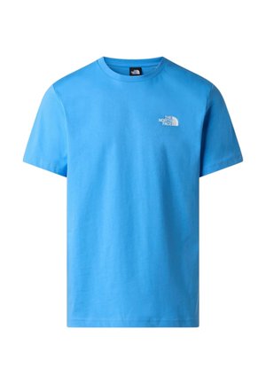 T-shirt celeste chiaro a maniche corte con scollo a girocollo e piccolo logo bianco The North Face sul lato sinistro del petto.