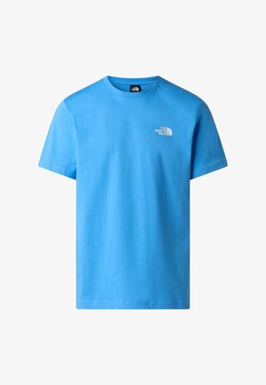 T-shirt celeste chiaro a maniche corte con scollo a girocollo e piccolo logo bianco The North Face sul lato sinistro del petto.