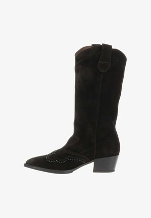 Czarne zamszowe kowbojki z wyciągniętym czubkiem, zakrzywionymi detalami ściegów oraz blokowym obcasem. Posiadają pętelkę do zakupu na górze.