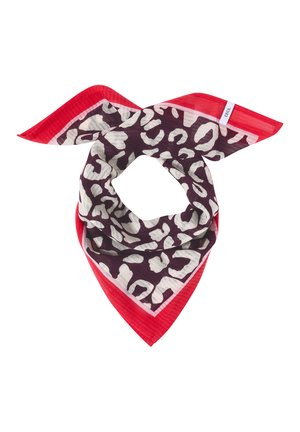 Neliön muotoinen huivi, jossa punainen reuna ja valkoisen ja tumman violetin leopardikuvio, taiteltu lenkiksi terävillä päillä.