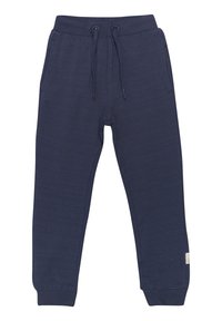 Marineblauwe joggingsbroek gemaakt van zachte stof, met een elastische tailleband en trekkoord, zijzakken en aansluitende boorden bij de enkels.