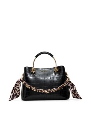 Sort håndtaske med krokodilletekstur, guld runde håndtag, kæderem flettet med leopardmønstret tørklæde og ALDO-logo foran.