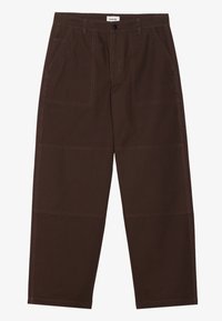 Pantalons cargo marron avec deux poches avant, couture contrastante et coupe droite, fabriqués en tissu résistant.