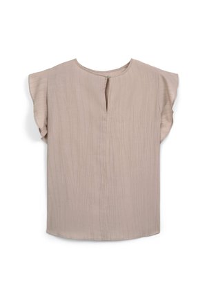 Blouse à manches courtes en tissu beige doux avec des rayures texturées, dotée d'une encolure en forme de goutte et d'une coupe décontractée avec une silhouette fluide.