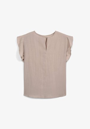 Blouse à manches courtes en tissu beige doux avec des rayures texturées, dotée d'une encolure en forme de goutte et d'une coupe décontractée avec une silhouette fluide.