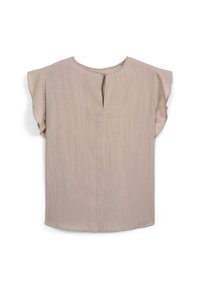 Blusa beige con maniche a farfalla corte, tessuto testurizzato, scollatura a V con chiusura a bottone sul retro e una vestibilità ampia e rilassata.
