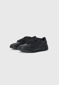 Black sneakers with smooth leather upper, rubber sole, round toe, and eight-eyelet lace-up closure. Side detailing and textured accents.