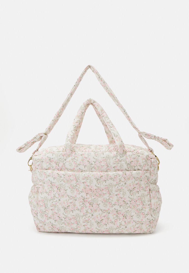 Bloemenquilted tas met lichtroze en groene patronen, twee stevige handvatten en een afneembare schouderriem, met een ritsvak.