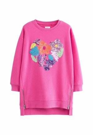 Helles pinkes Langarm-Sweatshirt mit floralem Paillettenherz auf der Vorderseite und silbernen Reißverschlüssen an beiden Seiten am Saum.