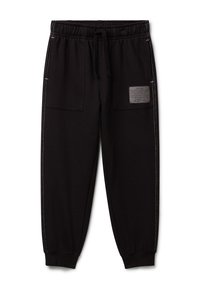 Pantaloni jogger neri con vita elastica, cordino, tasche frontali a toppa, cuciture laterali bianche e una piccola etichetta stampata sulla tasca destra.