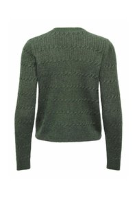 Pull en maille vert foncé à manches longues avec de subtils motifs torsadés horizontaux, vu de dos sur un fond blanc.