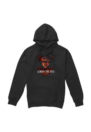 Black hoodie with a menacing clown face graphic above text reading "ALWAYS THE EYES, Derry, Maine, USA" on the front center.
