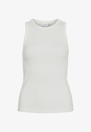Weißes, geripptes, ärmelloses Top mit rundem Halsausschnitt. Der Stoff ist glatt und hat eine enganliegende Silhouette, die für eine körpernahe Passform entwickelt wurde.