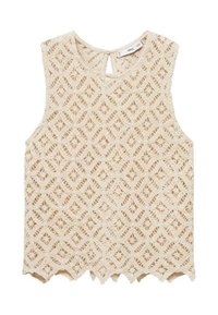 Beige lace sleeveless top featuring a diamond pattern, scalloped hem, and a keyhole back closure; delicate texture throughout.