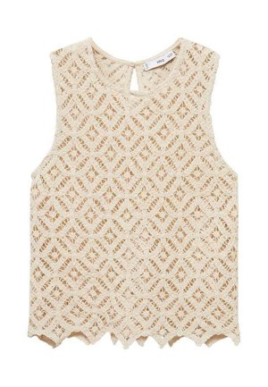 Bež vrh brez rokavov iz čipke s prepletom diamanatne oblike, valovitim robom in zapiranjem na hrbtu v obliki ključavnice; nežna tekstura po celotni površini.