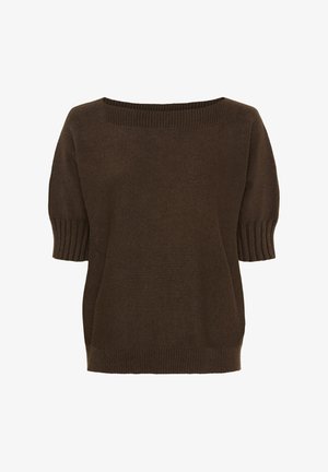 Brun strikket sweater med firkantet udskæring, korte ærmer med ribkant og en afslappet pasform. Blød tekstur med en glat overflade.