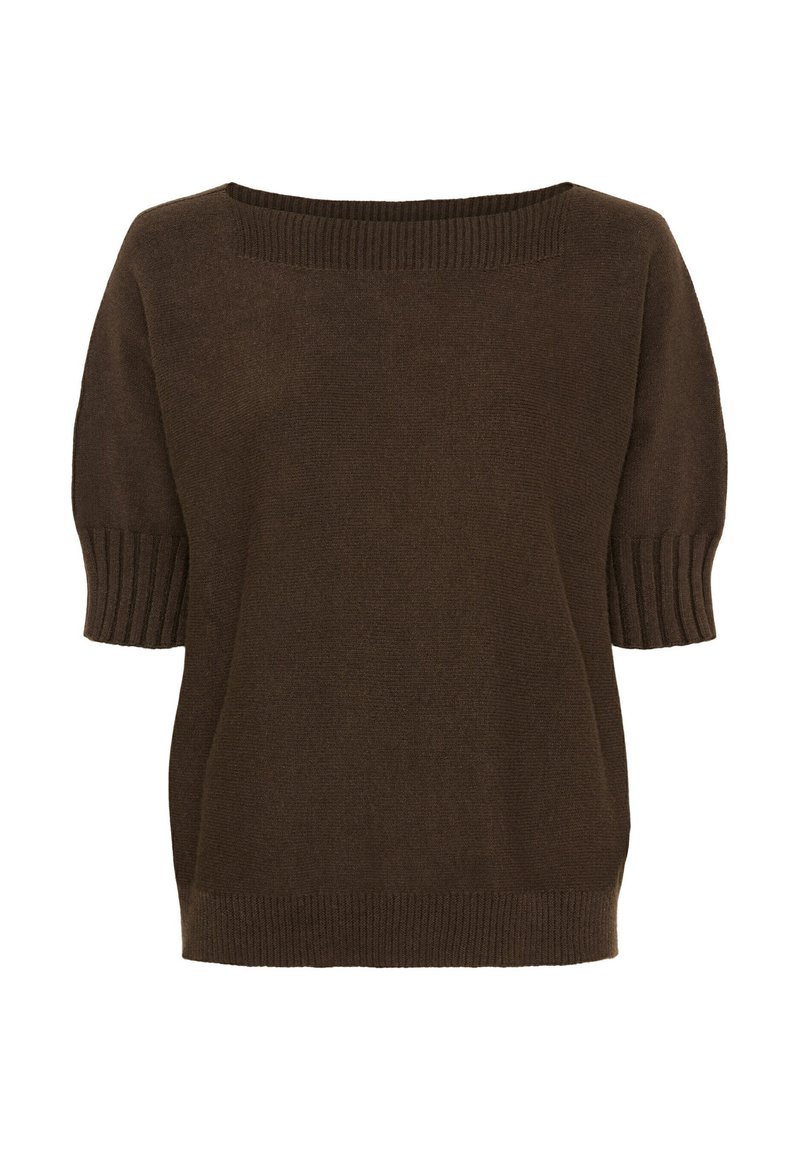 Brun strikket sweater med firkantet udskæring, korte ærmer med ribkant og en afslappet pasform. Blød tekstur med en glat overflade.