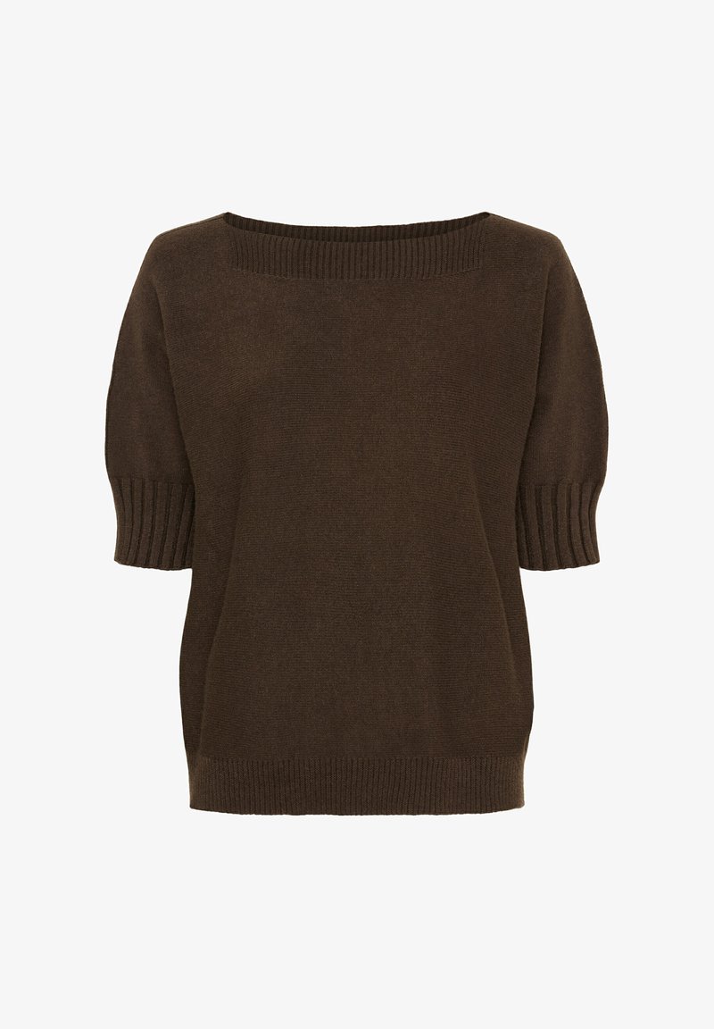 Brun strikket sweater med firkantet udskæring, korte ærmer med ribkant og en afslappet pasform. Blød tekstur med en glat overflade.