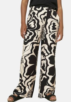 Wide-leg pants made of lightweight fabric in a beige and black abstract floral pattern, featuring an elastic waistband and side pockets.
