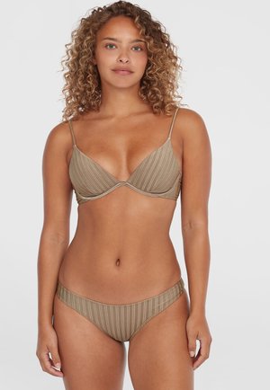 Brown ribbed bikini set featuring a triangular bra top with thin straps and matching low-rise bottom, both with a textured finish.