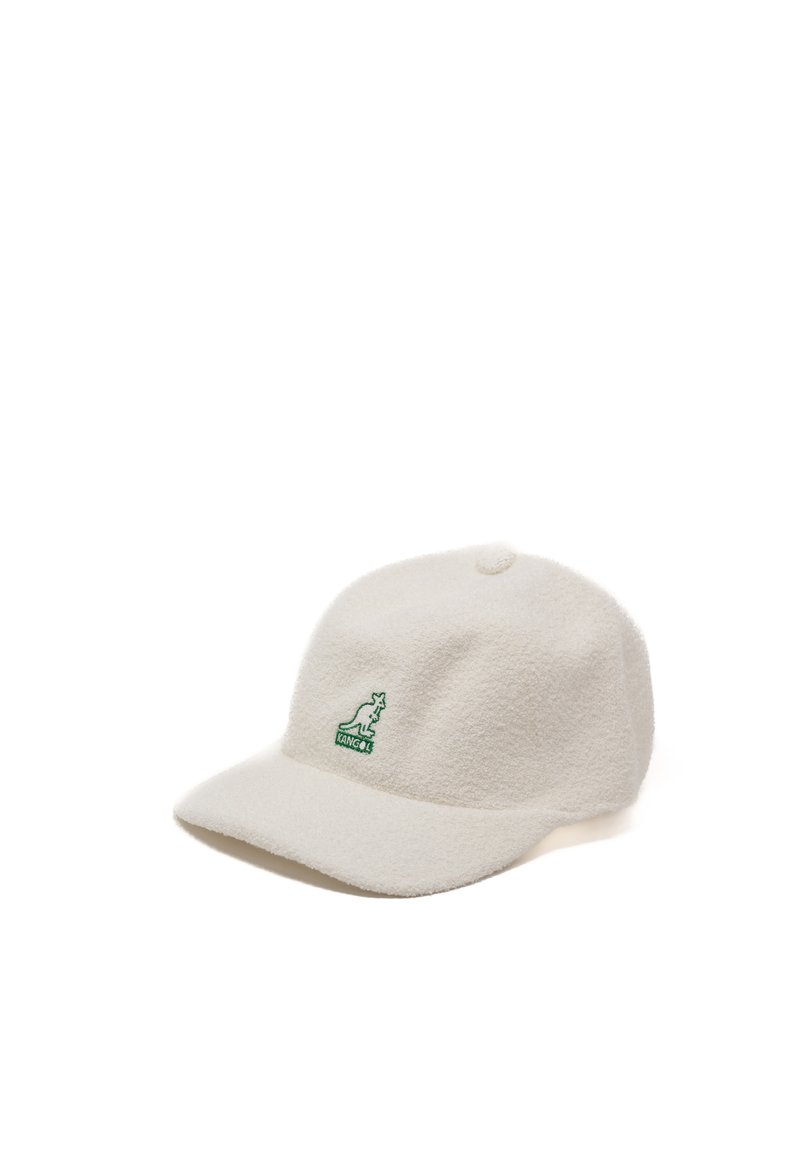 White fleece cap with a curved brim, featuring a green kangaroo logo on the front. Soft texture and a simple, unembellished design.