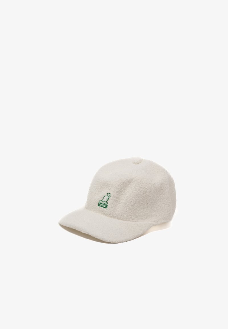 White fleece cap with a curved brim, featuring a green kangaroo logo on the front. Soft texture and a simple, unembellished design.