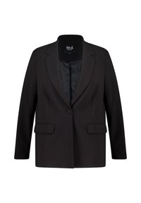 Zwarte op maat gemaakte blazer met een notch-kraag, enkele knoopsluiting, twee voorzakken en een gladde binnenvoering. Eenvoudig en gestructureerd ontwerp.