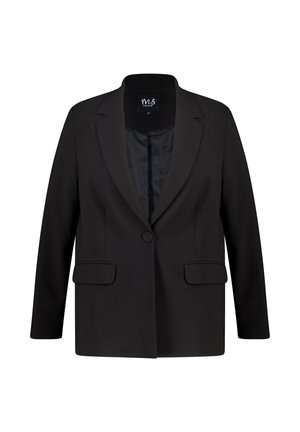 Zwarte op maat gemaakte blazer met een notch-kraag, enkele knoopsluiting, twee voorzakken en een gladde binnenvoering. Eenvoudig en gestructureerd ontwerp.