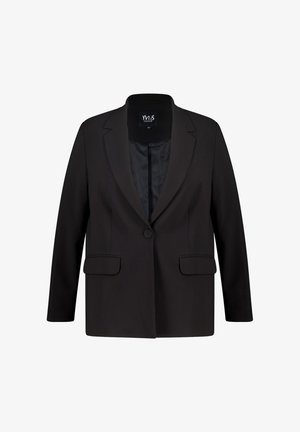 Blazer noir ajusté avec un col cranté, fermeture à bouton unique, deux poches avant et une doublure intérieure lisse. Design simple et structuré.