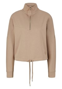 Sudadera beige tipo pulóver con cuello de medio cierre, hombros caídos, dobladillo con cordón ajustable y detalle sutil de logo en el lateral inferior.