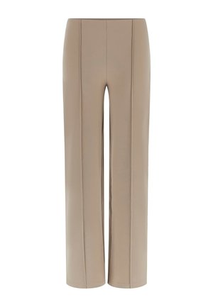 Beżowe spodnie o szerokich nogawkach wykonane z miękkiego, elastycznego materiału. Posiadają dwie przednie zaszewki i gładki dół. Odpowiednie zarówno na co dzień, jak i na formalne okazje.