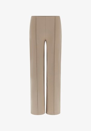 Pantalon beige à jambes larges en tissu doux et extensible. Comprend deux plis avant et un ourlet net. Convient pour un usage décontracté et formel.