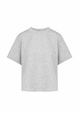 Hellgraues T-Shirt mit kurzen Ärmeln und Rundhalsausschnitt, locker geschnitten mit feiner melierter Struktur vor weißem Hintergrund.