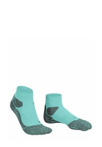 Jasnoniebieskie skarpetki do kostki z czarnymi, teksturowanymi akcentami na pięcie i palcach. Wykonane z oddychającego materiału, charakteryzują się dopasowanym krojem i ściągaczem.