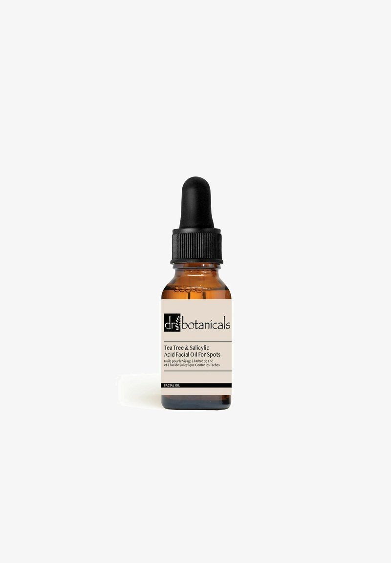 Amber glass dropper bottle labeled "Tea Tree & Salicylic Acid Facial Oil For Spots" from dr botanicals on a white background.