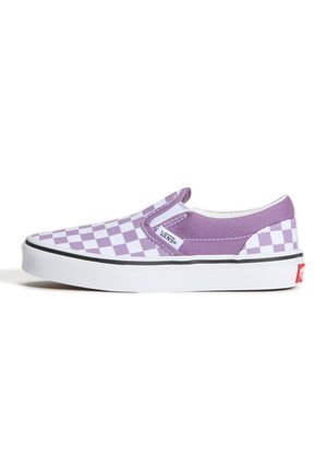 Χαμηλή slip-on Vans παπούτσι με μοτίβο καρό σε λεβαντίνι και άσπρο και λευκή λαστιχένια σόλα με μαύρη ρίγα.
