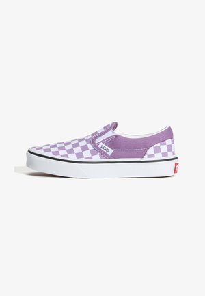 Χαμηλή slip-on Vans παπούτσι με μοτίβο καρό σε λεβαντίνι και άσπρο και λευκή λαστιχένια σόλα με μαύρη ρίγα.