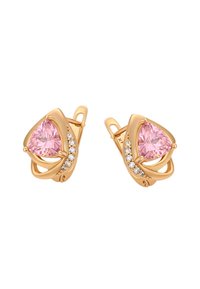 Guldtonede øreringe med en trekantet pink ædelsten omgivet af klare akcentsten i et spiraldesign. Sikker svinglås.