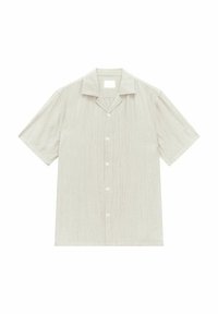 Chemise à manches courtes, beige clair, tissu texturé, devant boutonné, col cranté, cinq boutons, ourlet droit, coupe décontractée. Sans graphiques ni motifs.