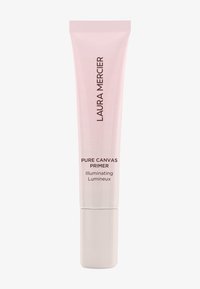 Laura Mercier Pure Canvas Primer in een zachtroze tube, met een witte dop en zwarte tekst, benadrukt "Illuminating" op het etiket.