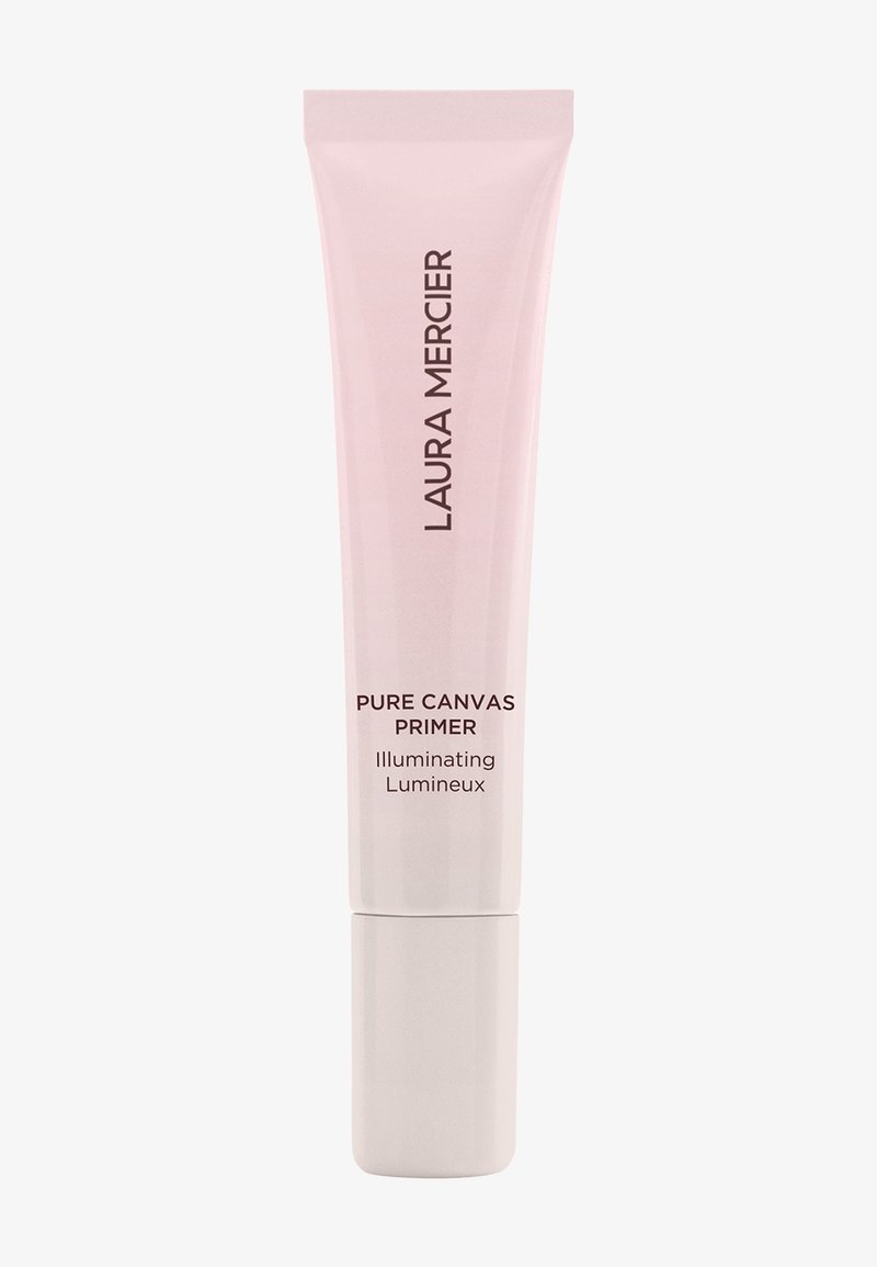 Laura Mercier Pure Canvas Primer in een zachtroze tube, met een witte dop en zwarte tekst, benadrukt "Illuminating" op het etiket.