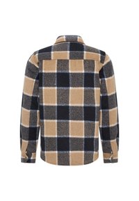 Brushed flannel shirt with a black, tan, and blue check pattern, featuring a shirt collar and buttoned cuffs. Rear view displayed.