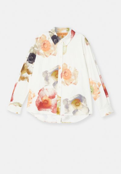 Floral button-down shirt in white fabric, featuring large, colorful poppy patterns in orange, pink, and black, with a classic collar and long sleeves.