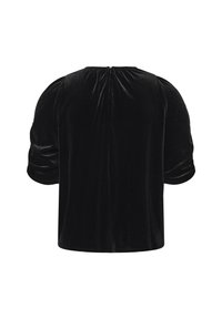 Top in velluto nero con maniche a palloncino corte, scollatura arrotondata e dettagli arricciati sul retro. Tessuto morbido e vestibilità rilassata.
