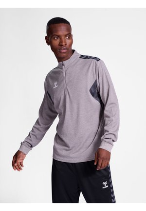 Grå atletisk pullover med en kvart lynlås og lange ærmer, som har mørkegrå sidestykker og prydes af et logo på brystet.